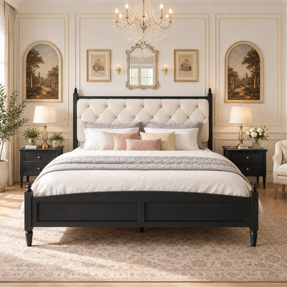 King size upholstered platform bed with beige padded headboard and black frame by HouseOfZazla on Tampa Home & Garden Store