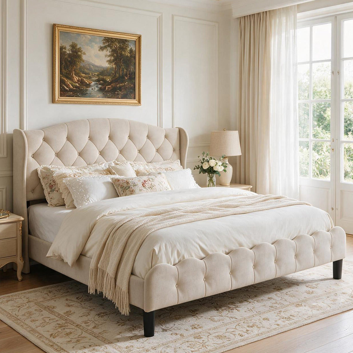 King size upholstered platform bed frame with modern wingback headboard in cream fabric on Tampa Home & Garden Store