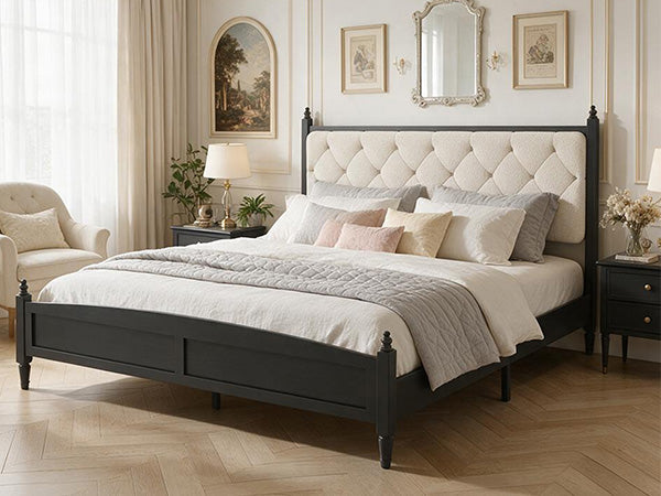 King size upholstered platform bed with beige padded headboard, black frame HouseOfZazla on Tampa Home & Garden Store