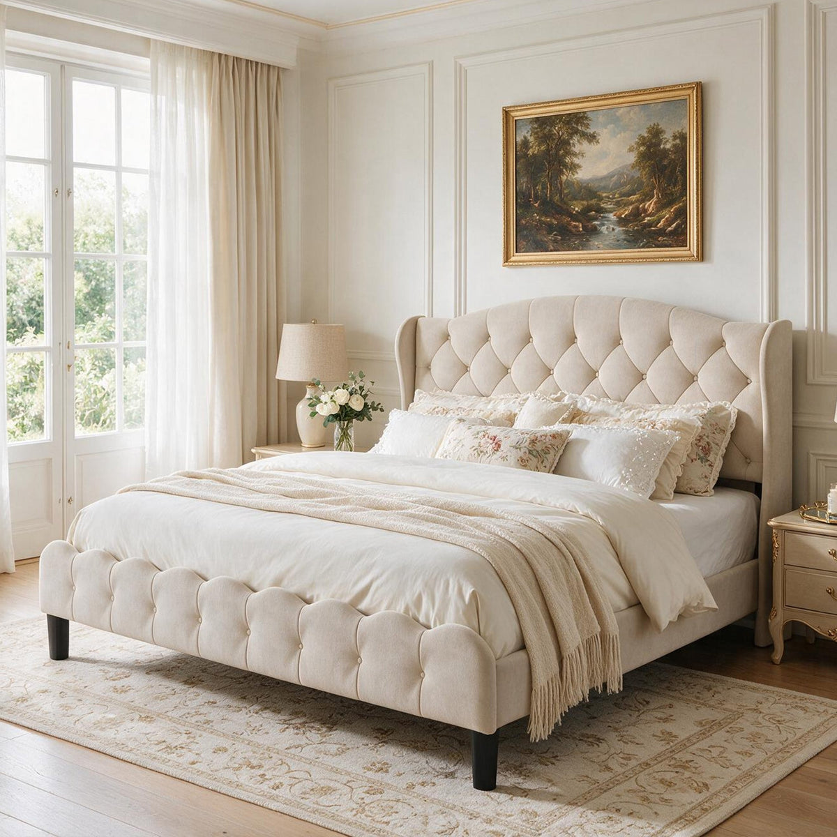 King Size Upholstered Platform Bed with Modern Wingback by HouseOfZazla, cream tufted headboard on Tampa Home & Garden Store