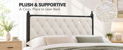 King size upholstered platform bed with beige padded headboard and black frame HouseOfZazla on Tampa Home & Garden Store