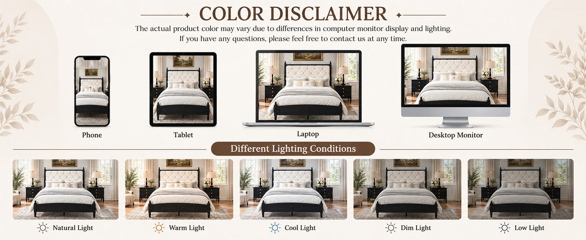 King Size Platform Bed Frame with soft padded headboard beige and black by HouseOfZazla on Tampa Home & Garden Store