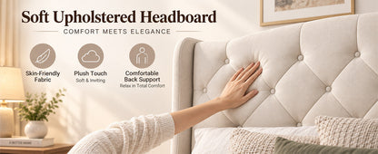 King size upholstered platform bed frame with beige wingback headboard by HouseOfZazla on Tampa Home & Garden Store