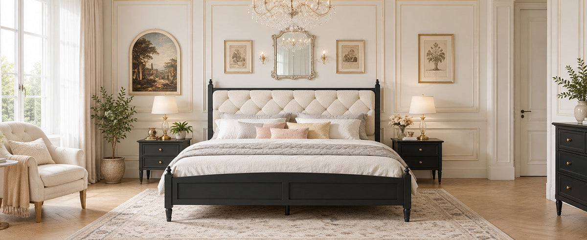 King size upholstered platform bed frame with beige padded headboard in black HouseOfZazla on Tampa Home & Garden Store