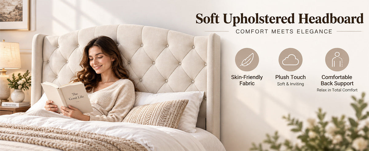 King Size Upholstered Platform Bed Frame with Modern Wingback by HouseOfZazla in beige fabric on Tampa Home & Garden Store