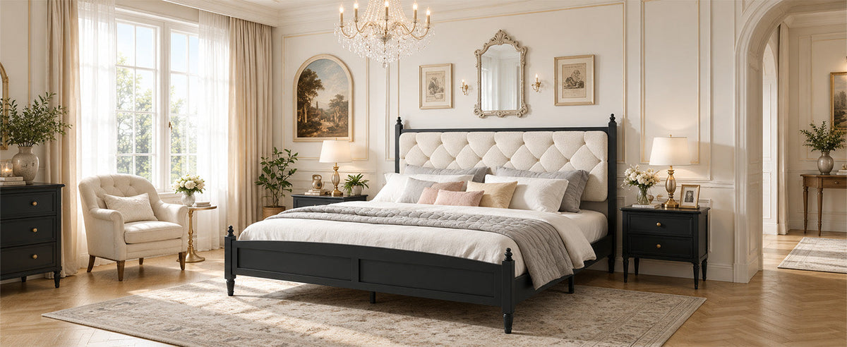 King Size upholstered platform bed frame with soft padded beige headboard and black finish on Tampa Home & Garden Store