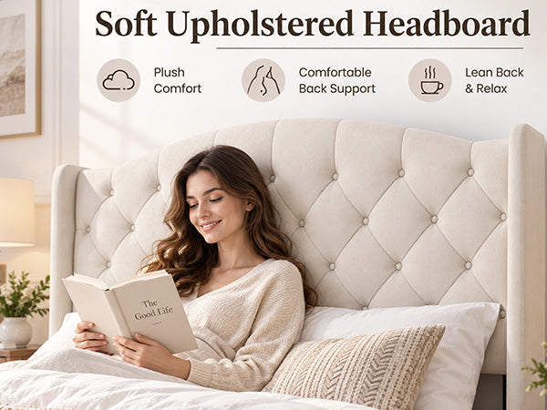 King Size Upholstered Platform Bed Frame with Wingback Headboard beige by HouseOfZazla on Tampa Home & Garden Store