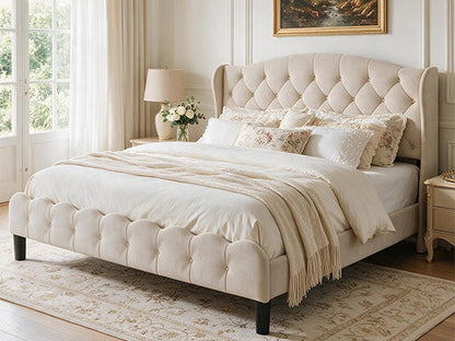 King upholstered platform bed frame with wingback headboard in beige fabric by HouseOfZazla on Tampa Home & Garden Store