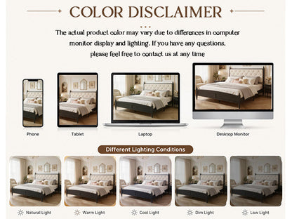 Color disclaimer for King Size Upholstered Bed Frame by HouseOfZazla under varied lighting on Tampa Home & Garden Store
