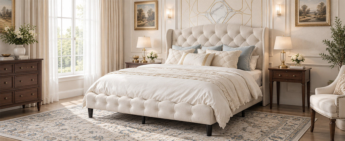 King size upholstered platform bed frame with modern wingback design, cream tufted headboard on Tampa Home & Garden Store