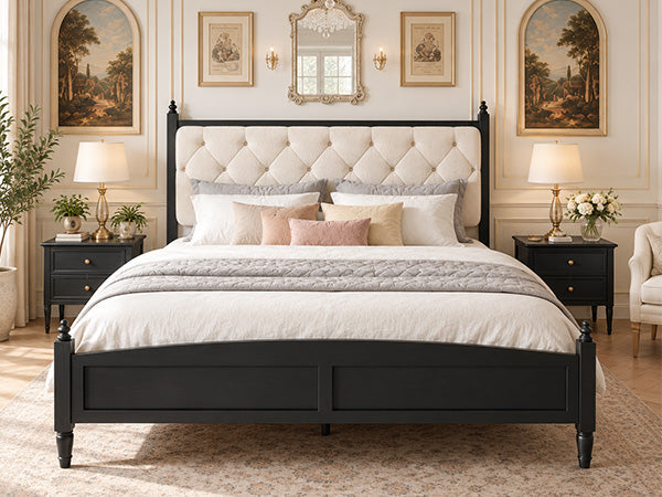 King Size Upholstered Platform Bed Frame with soft padded beige headboard and black finish on Tampa Home & Garden Store