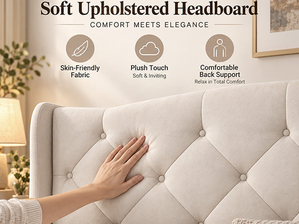 King size upholstered bed frame with modern wingback headboard in gray fabric on Tampa Home & Garden Store
