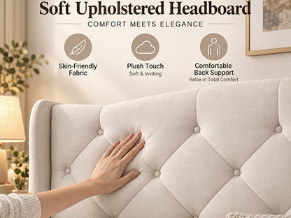 King size upholstered bed frame with modern wingback headboard in gray fabric on Tampa Home & Garden Store