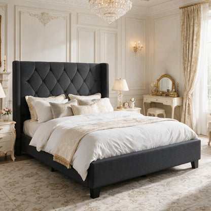 Modern queen size platform bed frame with tufted dark gray velvet headboard by HouseOfZazla on Tampa Home & Garden Store