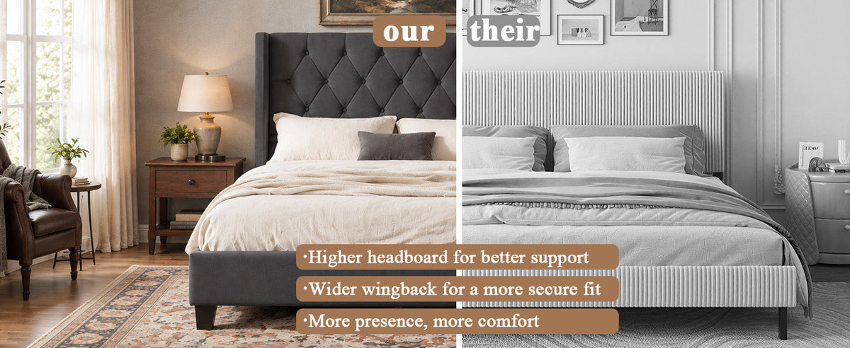 Modern Queen Size Platform Bed Frame with Tufted Velvet Headboard in dark gray by HouseOfZazla on Tampa Home & Garden Store