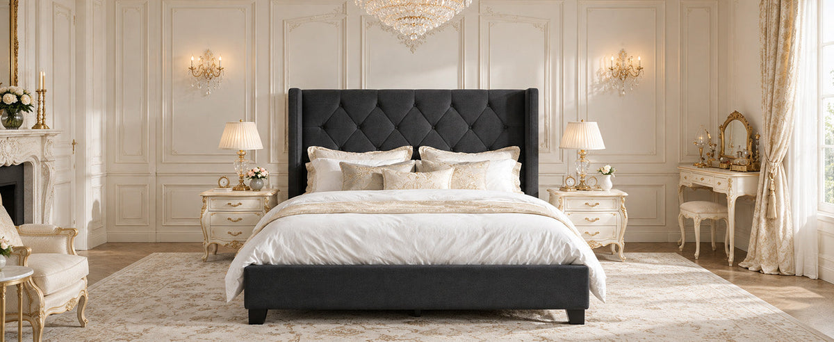 Modern queen-size platform bed with tufted velvet headboard in dark charcoal HouseOfZazla on Tampa Home & Garden Store