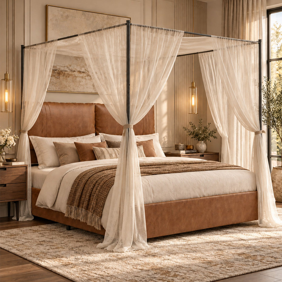 Queen canopy bed frame with 4-poster metal design rustic faux leather upholstered HouseOfZazla on Tampa Home & Garden Store