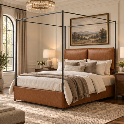 Queen canopy bed frame with four poster black metal and brown faux leather headboard on Tampa Home & Garden Store