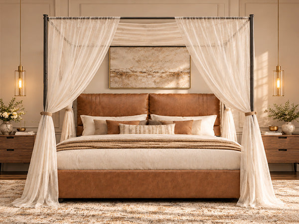 Queen canopy bed frame with four-poster black metal posts and rustic faux leather, HouseOfZazla on Tampa Home & Garden Store
