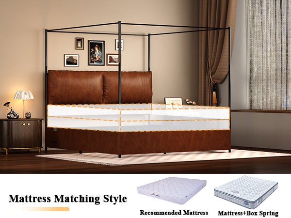 Queen four-poster canopy bed frame in black metal with brown faux leather HouseOfZazla on Tampa Home & Garden Store