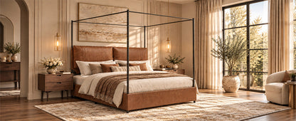 Queen canopy bed frame with four-poster metal design in rustic faux leather by HouseOfZazla on Tampa Home & Garden Store