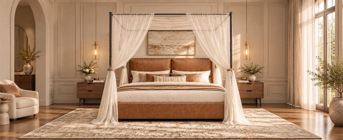 Queen canopy bed frame with four-poster metal design, brown faux leather on Tampa Home & Garden Store