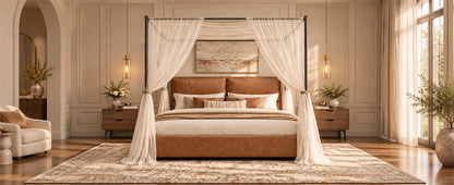 Queen canopy bed frame with four-poster metal design, brown faux leather on Tampa Home & Garden Store