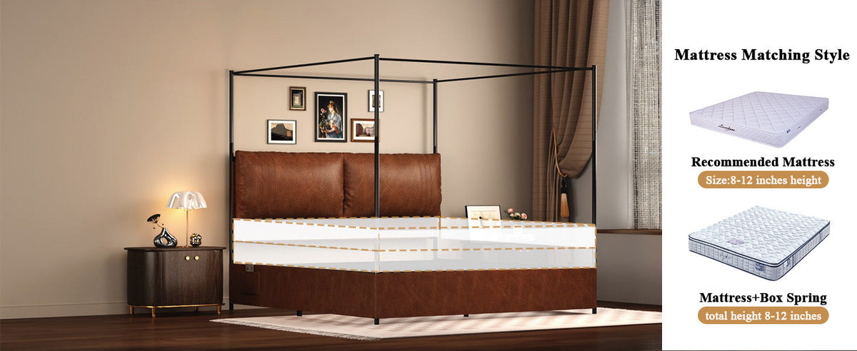 Queen canopy bed frame with four black metal posts and faux leather headboard HouseOfZazla on Tampa Home & Garden Store