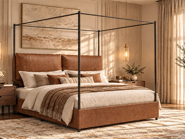 Queen canopy bed frame with four metal posts and rustic brown faux leather upholstery on Tampa Home & Garden Store