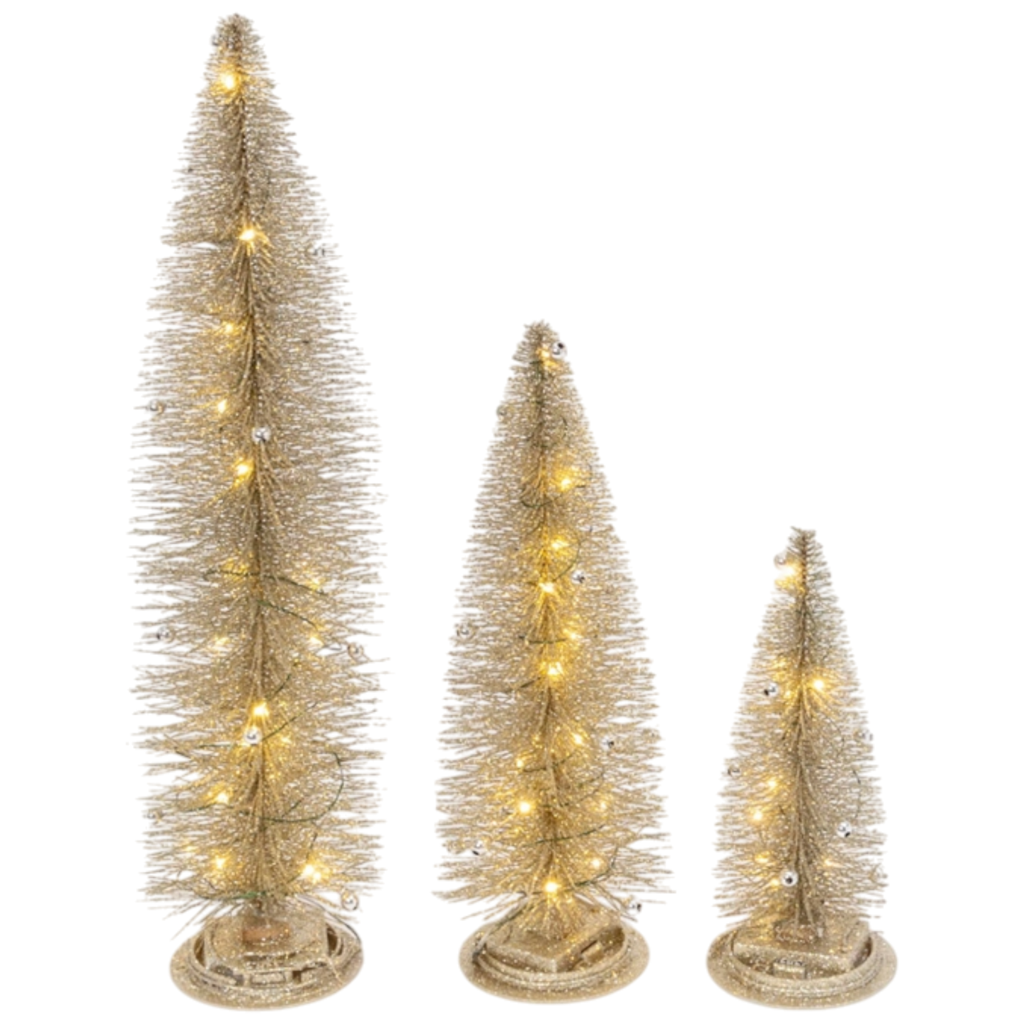 Lighted gold bottle brush Christmas trees set of 3 with warm LED lights on Tampa Home & Garden Store