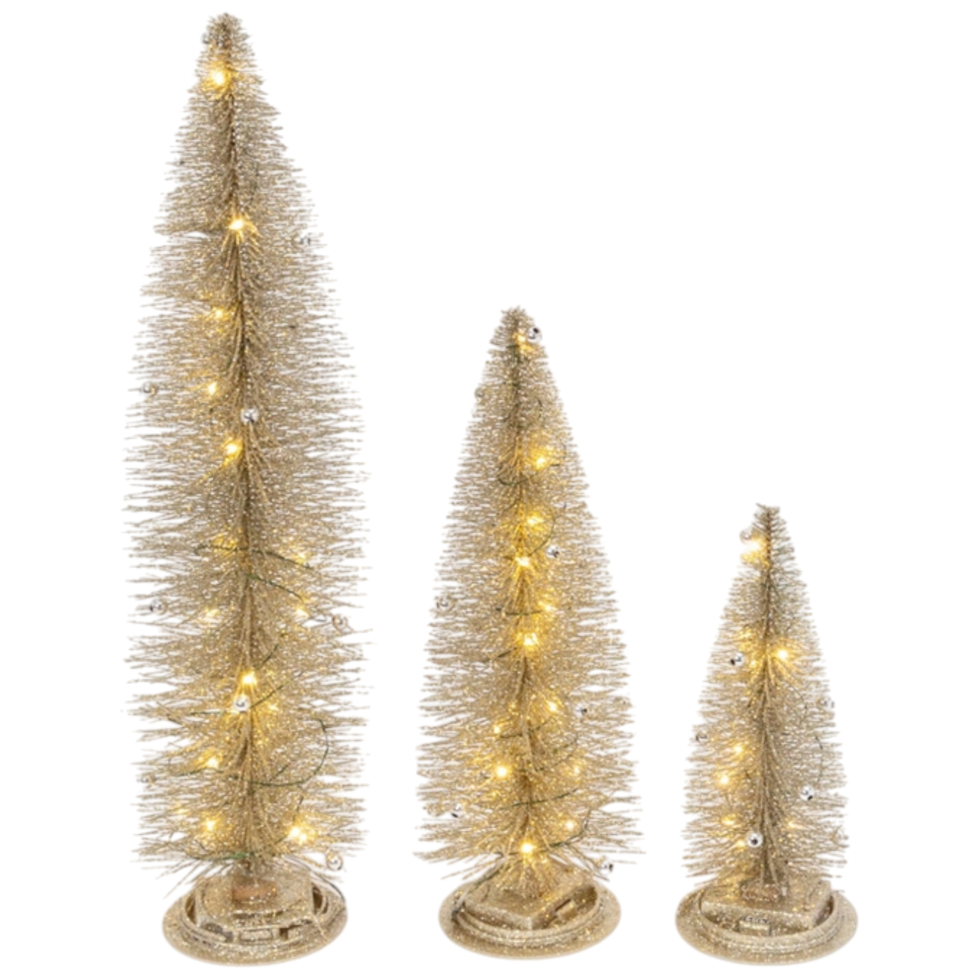 Lighted gold bottle brush Christmas trees set of 3 with warm LED lights on Tampa Home & Garden Store