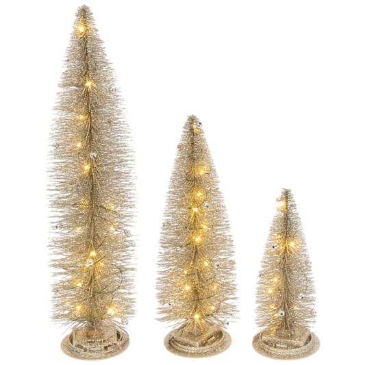 Lighted gold bottle brush Christmas trees set of 3 with warm LED lights on Tampa Home & Garden Store