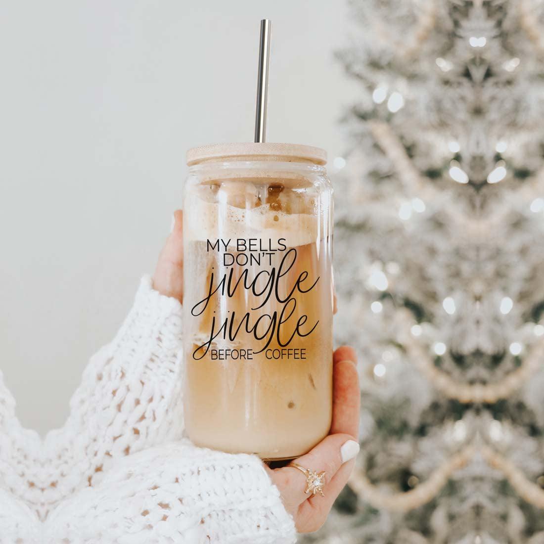 Jingle Jingle 17oz Gia Roma glass tumbler with wood lid and stainless straw, iced coffee on Tampa Home & Garden Store