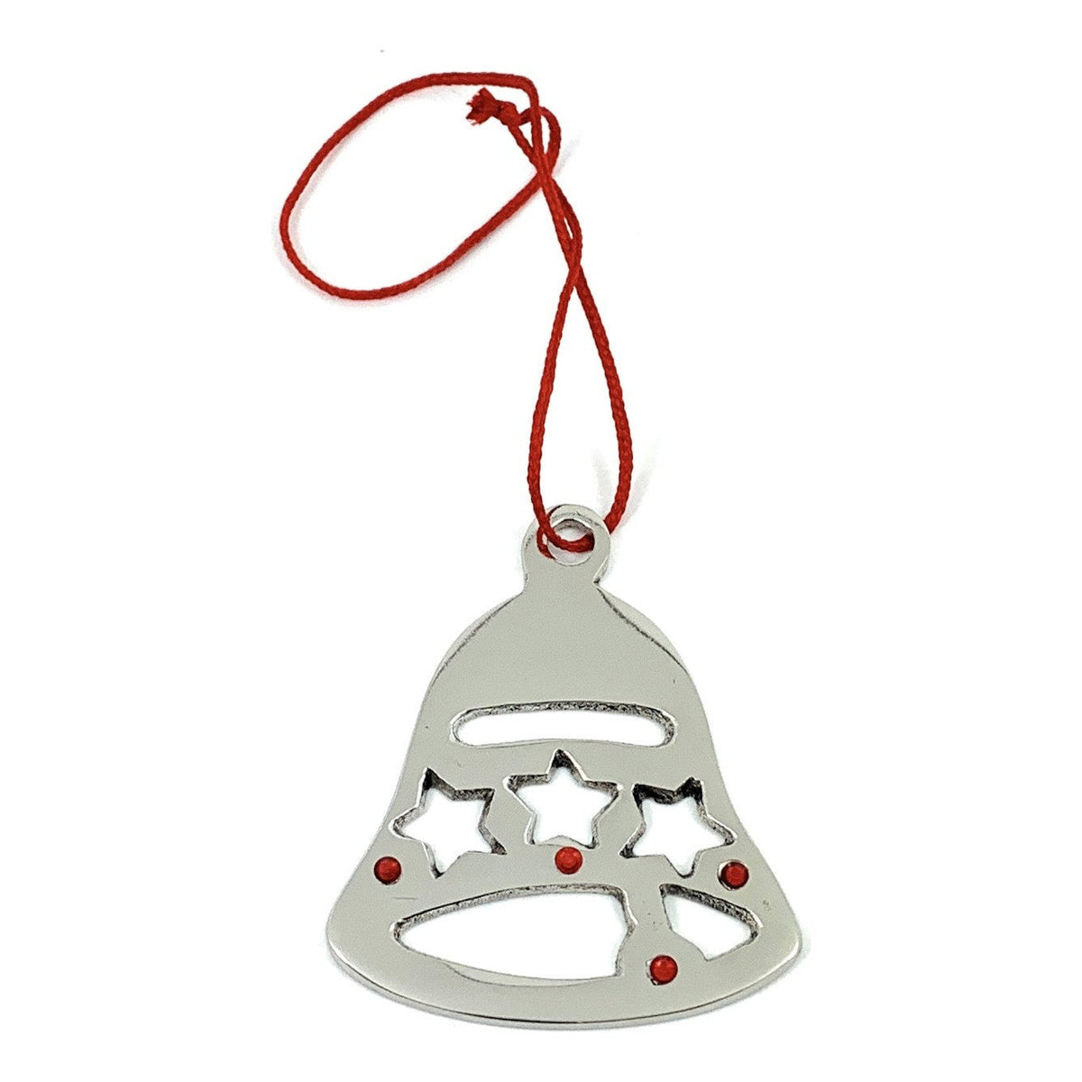 Vibhsa jingle bell ornament in silver with star cutouts and red beads hanging loop on Tampa Home & Garden Store
