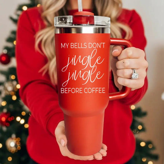 40oz Jingle Jingle travel mug red gradient stainless steel with white script text on Tampa Home & Garden Store