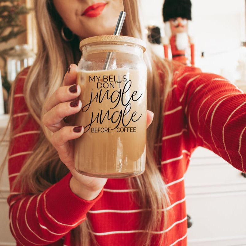 Jingle Jingle 17oz glass cup by Gia Roma with wooden lid and metal straw on Tampa Home & Garden Store