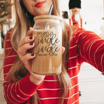 Jingle Jingle 17oz glass cup by Gia Roma with wooden lid and metal straw on Tampa Home & Garden Store