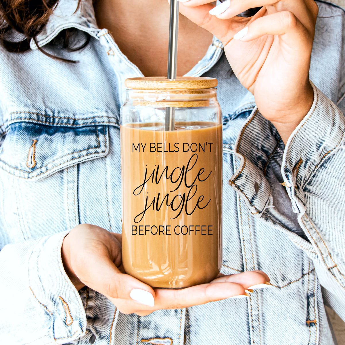 Jingle Jingle 17oz glass cup drinkware with stainless steel straw and wood lid by Gia Roma on Tampa Home & Garden Store