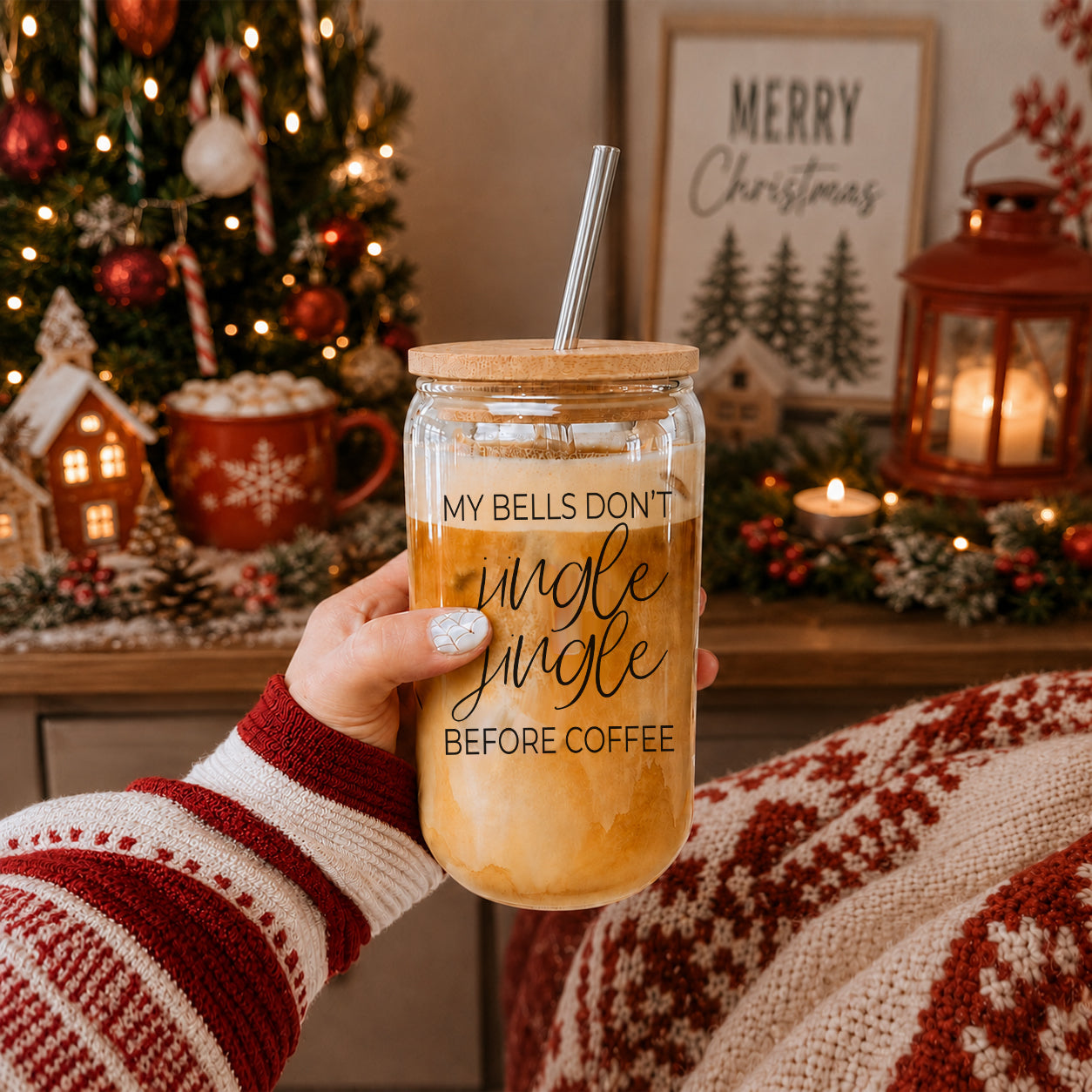 Jingle Jingle 17oz glass cup by Gia Roma with bamboo lid and metal straw, drinkware on Tampa Home & Garden Store