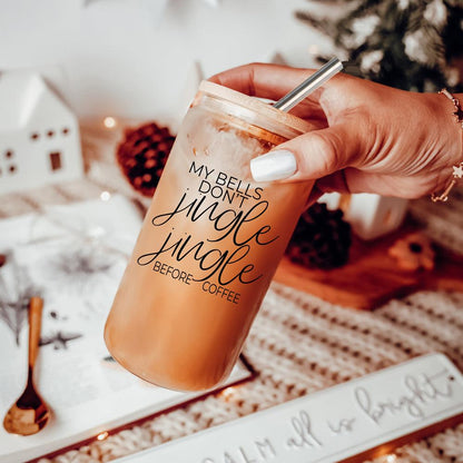 Jingle Jingle 17oz Gia Roma glass tumbler with iced coffee and metal straw on Tampa Home & Garden Store