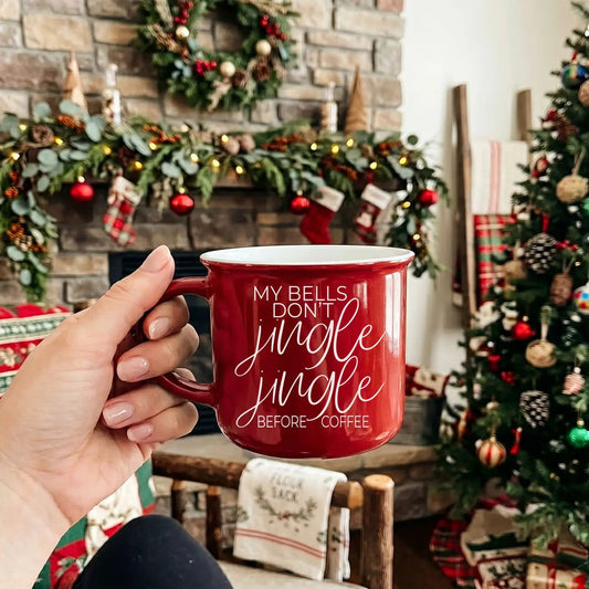 Gia Roma Jingle Jingle mug, red ceramic coffee mug with white script on Tampa Home & Garden Store
