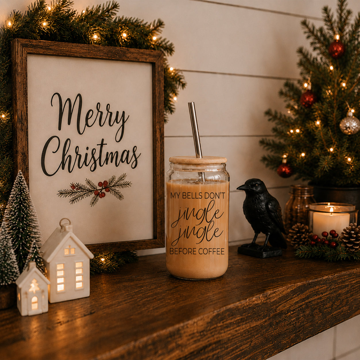 Jingle Jingle 17oz glass cup by Gia Roma with wooden lid and metal straw in Christmas display on Tampa Home & Garden Store