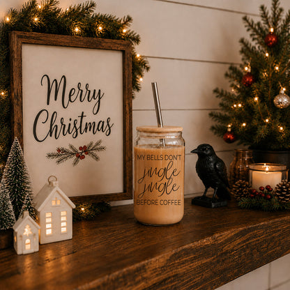Jingle Jingle 17oz glass cup by Gia Roma with wooden lid and metal straw in Christmas display on Tampa Home & Garden Store