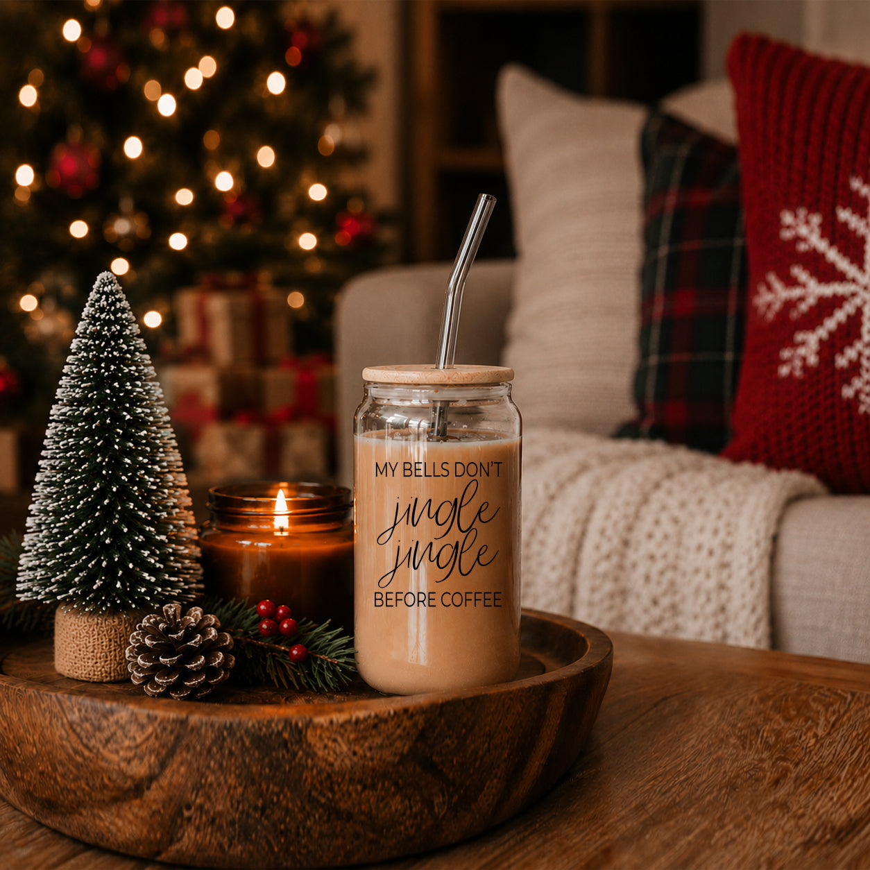 Gia Roma Jingle Jingle 17oz glass cup with wooden lid and straw, beige coffee, decor on Tampa Home & Garden Store