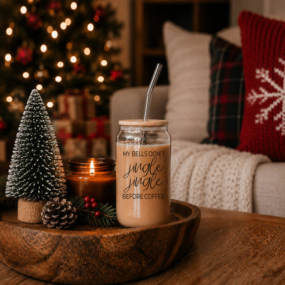 Gia Roma Jingle Jingle 17oz glass cup with wooden lid and straw, beige coffee, decor on Tampa Home & Garden Store