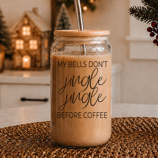Jingle Jingle 17oz glass cup with light wood lid and metal straw by Gia Roma drinkware on Tampa Home & Garden Store