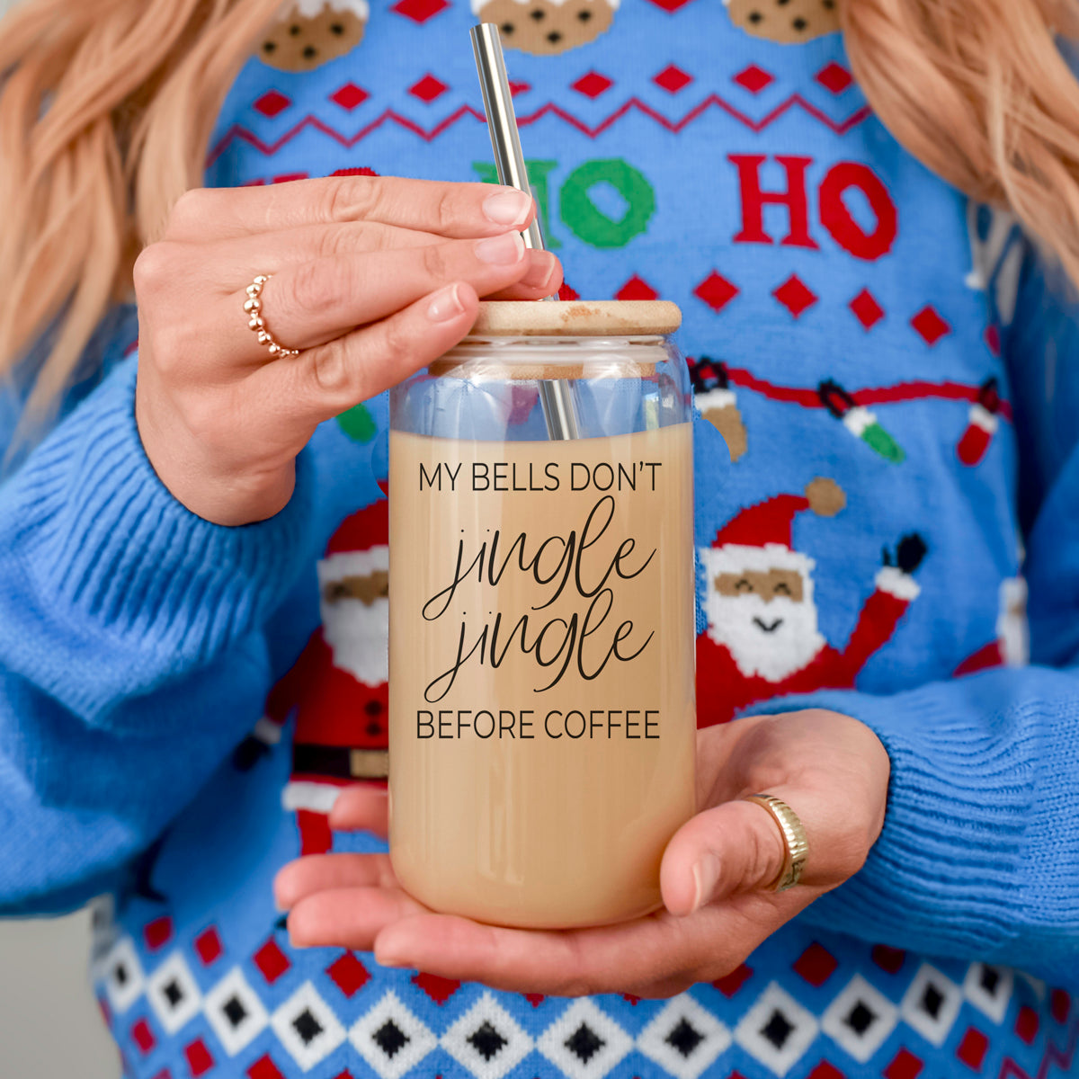 Jingle Jingle 17oz glass cup Gia Roma with bamboo lid and stainless straw on Tampa Home & Garden Store