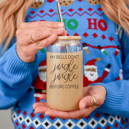 Jingle Jingle 17oz glass cup Gia Roma with bamboo lid and stainless straw on Tampa Home & Garden Store