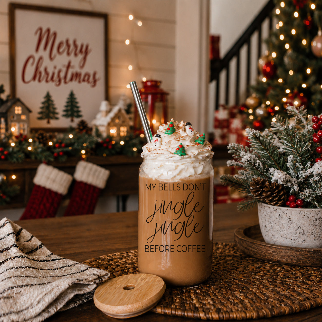 Gia Roma Jingle Jingle 17oz glass cup with iced coffee, whipped cream and sprinkles, metal straw on Tampa Home & Garden Store