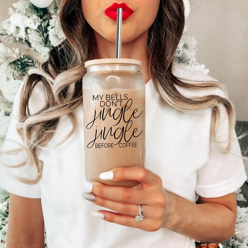 Jingle Jingle 17oz glass cup by Gia Roma with iced coffee and metal straw on Tampa Home & Garden Store